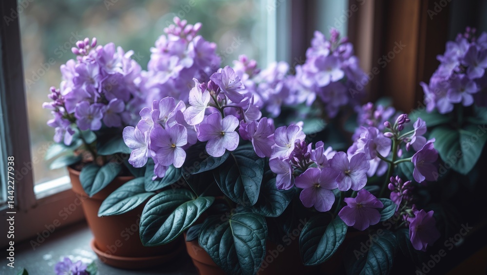 Obraz premium Macro shot of lilac flowers blooming in a pot by the window