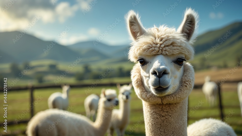 Obraz premium Charming curly white alpaca staring at the camera under warm sunlight, enjoying grazing with fellow alpacas on a farm set against beautiful green mountain scenery.