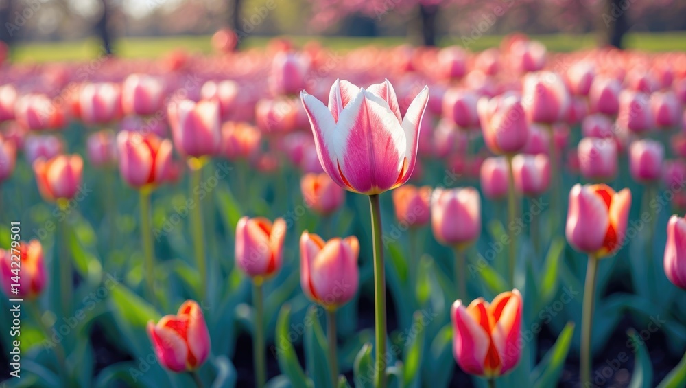 Fototapeta premium Meadow filled with tulip flowers. Radiant tulips in the park. Scenic landscape. Colorful garden setting. Lovely tulip arrangement. Nature.