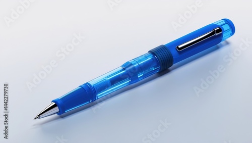 Overhead perspective of a transparent ballpoint pen with grip designed for writing