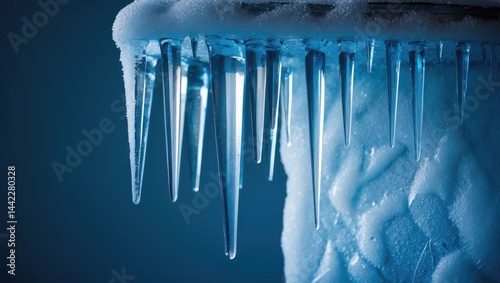 Ice formations and icicles created by freezing water, featuring white snow, winter textures, and cooling effects in housing.