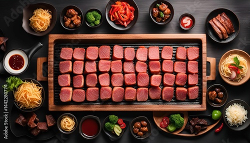 Sashimi Appetizer Platter: Fresh, raw fish on a wooden tray with side dishes and sauces