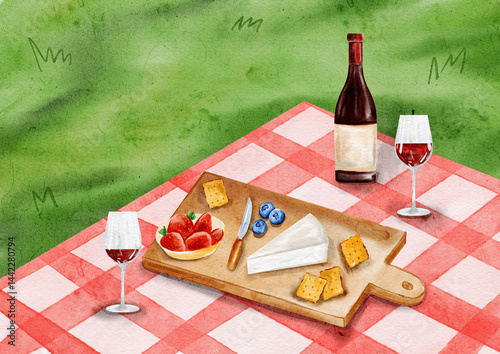 International Picnic Day poster with wine, cheese, and snacks, hand drawn watercolor illustration for summer celebration and outdoor family gathering