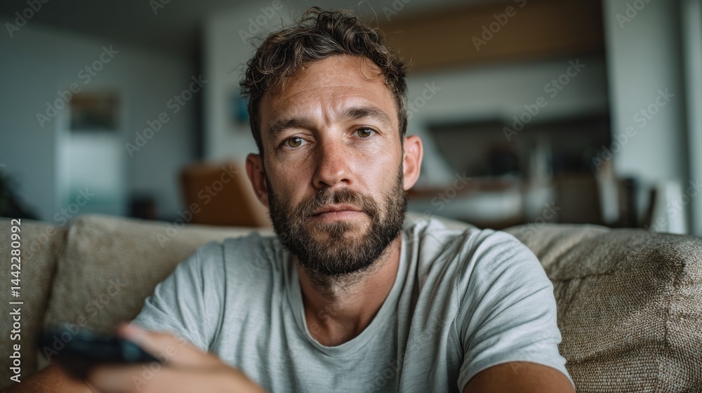 A man sits on a comfortable couch, holding a remote control, deeply engaged in a show or movie. Natural light filters through the room, creating a serene and inviting atmosphere