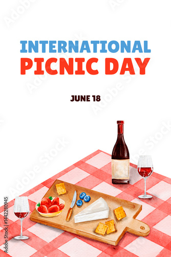 Happy International Picnic Day poster with food, park setting, and hand drawn glasses, colorful image for traditional outdoor celebration and vacation promo