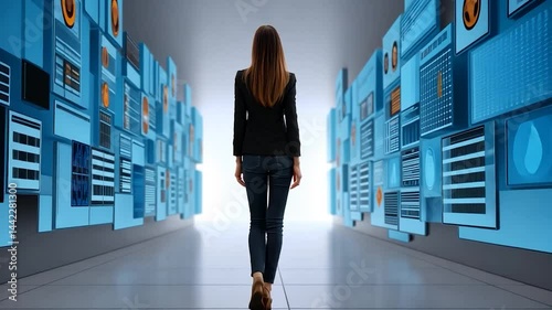 Woman walking towards data screens, representing career journey and choices