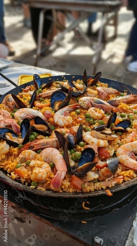 Seafood paella served at a festive outdoor gathering in a sunny location featuring fresh ingredients and vibrant colors for a delightful culinary experience