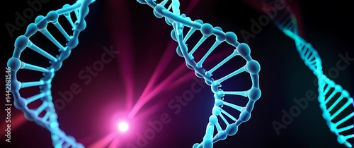 Detailed D renderings of DNA molecules glowing dynamically with chemical bonds and vibrant color shifts