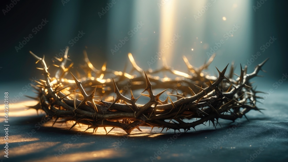 Fototapeta premium On a black background, the crown of thorns is illuminated by window light with available copy space