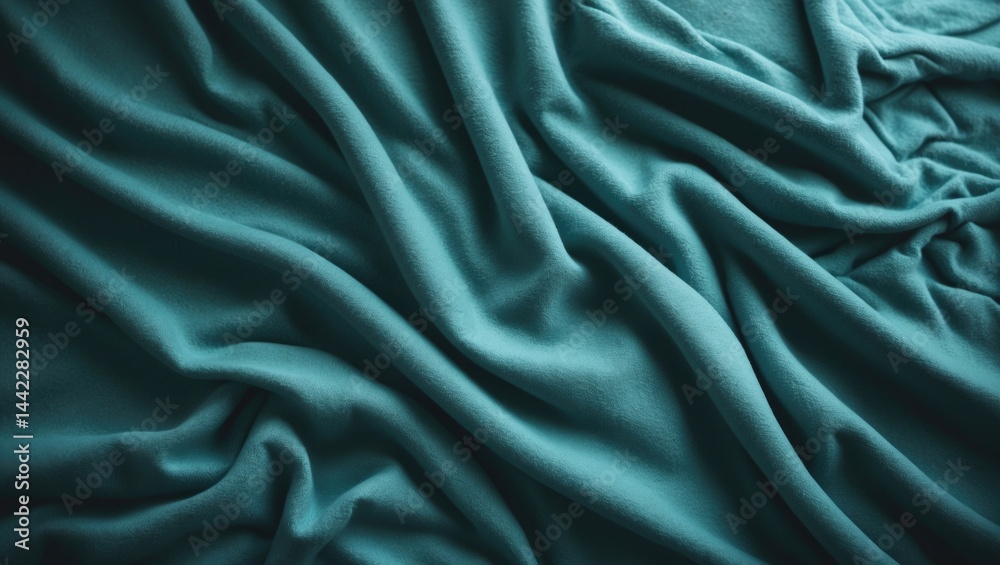 Fototapeta premium Bird's Eye View of a Creased Blue Blanket After Rest on the Bed