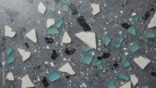 Aqua-green polished stone chips are used in floor and wall tile designs.