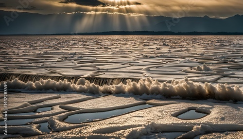 Frozen Lake Landscape with Sunrays