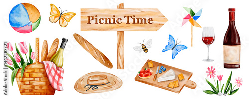 Joyful International Picnic Day watercolor set with food, wine, basket, and festive elements, hand drawn illustration for summer celebration and outdoor gathering