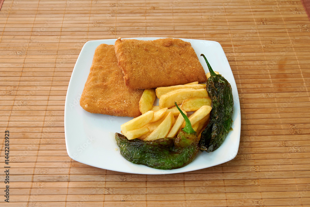 A plate of fried food with a green pepper on it. The food is fried chicken and french fries