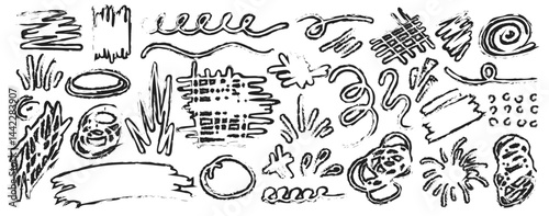 Collection of hand drawn doodles and squiggles for text highlighting sign. Set of different design elements with scribbles texture. Black brush strokes. Simple cute vector swashes and strokes