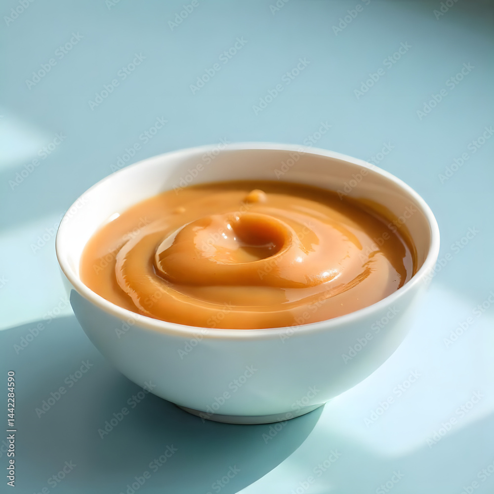 A white bowl holds a swirl of creamy light brown dulce de leche A white bowl holds a swirl of creamy light brown dulce de leche