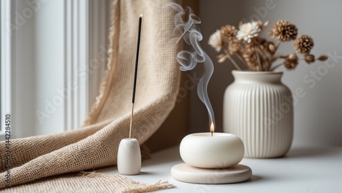 Interior comfort at the aroma corner of the house with aroma sticks, candles, and a vase with dry flowers on a table, showcasing home decor elements. High-quality photograph