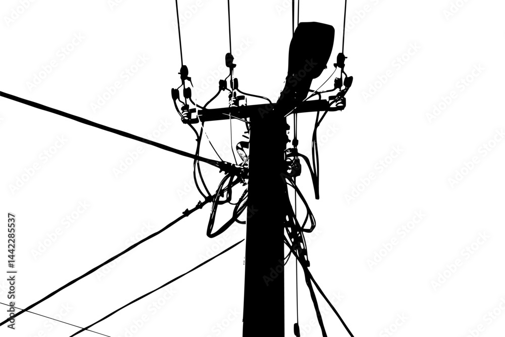 Black and white utility pole silhouette. Isolated graphics of electric power lines and post.