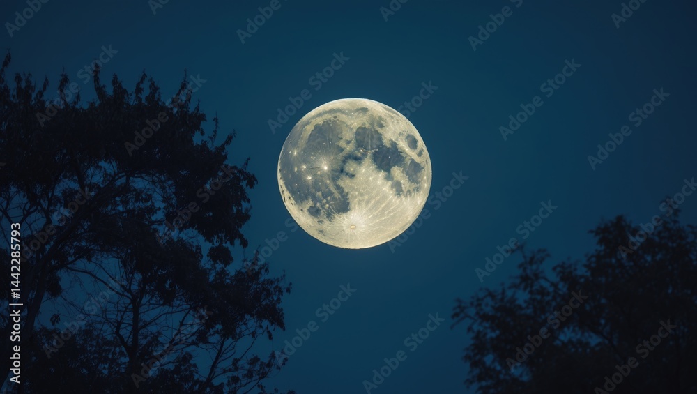 Naklejka premium Tree branches silhouetted against a full moon in the sky