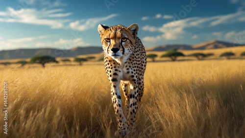 Conservancy scene with a female cheetah (Acinonyx Jubatus) wandering