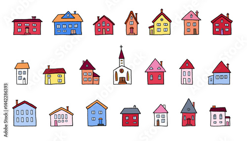Hand drawn cartoon style home set. Doodle vector illustration. Isolated object set.