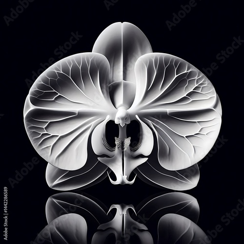 Perfect bisection of white orchid, botanical art