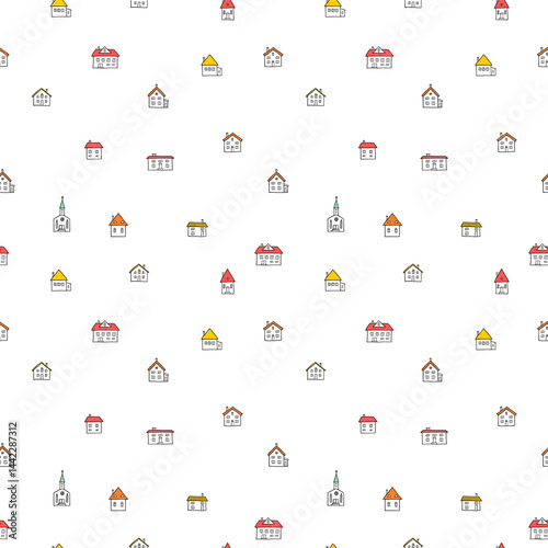 Doodle cartoon style home seamless pattern. Hand drawn vector illustration background.