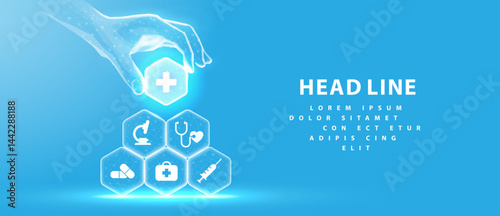 Healthcare system. Medical icons on hexagons made pyramid and hand holding the top element. Health care plane, patient service digital technology, ai integrate