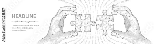 Two connected puzzles and two hands. Partner collaborate, cooperate implement