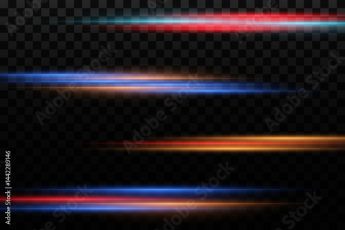 Set of lines. Speed ​​of light rays and glare effect. On transparent background. Vector. EPS 10.