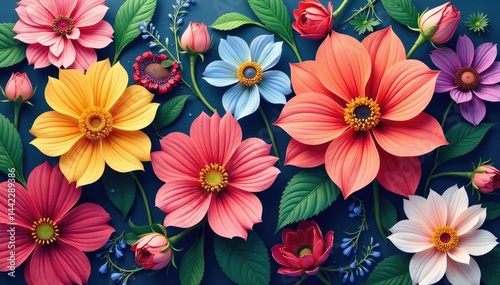 Continuous blooming flowers, intricate design, pastel, petals