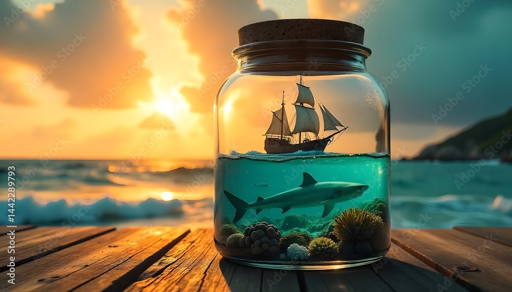 Obraz premium A cinematic ultra-realistic scene inside a large glass jar with a cork lid. 