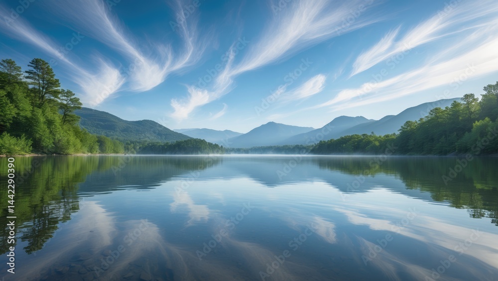Fototapeta premium The peaceful lake reflects the magnificent mountains, complemented by the cool air and greenery that enhance the calm ambiance.