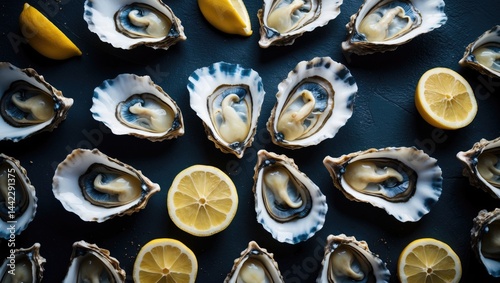 Gourmet fresh oysters opened on dark background emphasizing healthy seafood from a top perspective