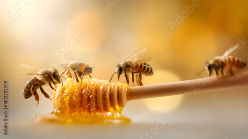 apiary scene,Close-Up of Bees Collecting Nectar from Golden Honey on Wooden Stick with Warm Blurry Background