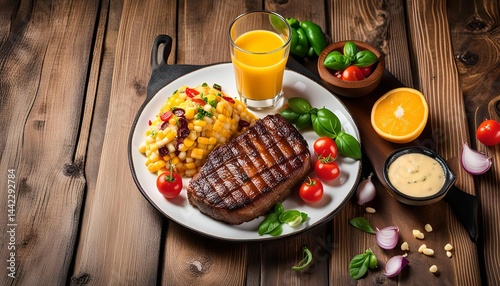 Grilled Steak with Corn Salad and Orange Juice