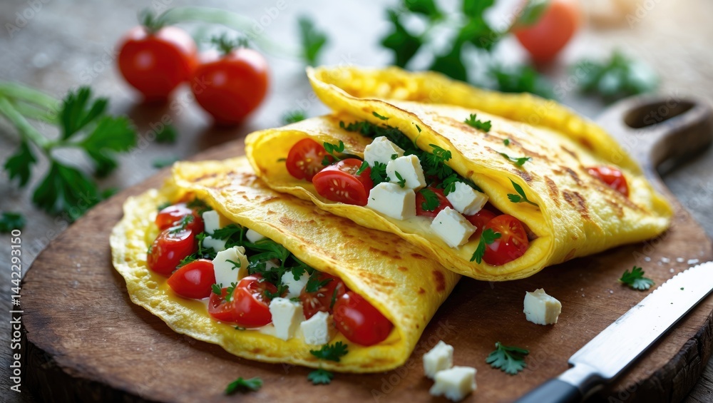 Flavorful stuffed omelette presented on a wooden board. Fried egg omelette with cherry tomatoes, cheese, and parsley as filling. Quick breakfast recipe. Close-up featuring fork, knife, and parsley