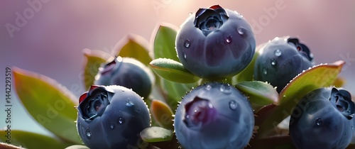 Close up of succulent blueberries glistening with morning dew against soft pastel backgrounds
