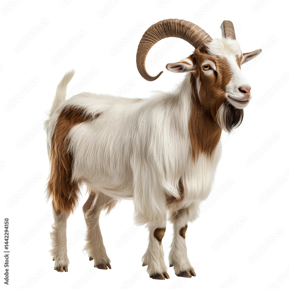 Side view of a white domestic goat with large curved horns and long fur, cut out, isolated on a transparent background, no shadow