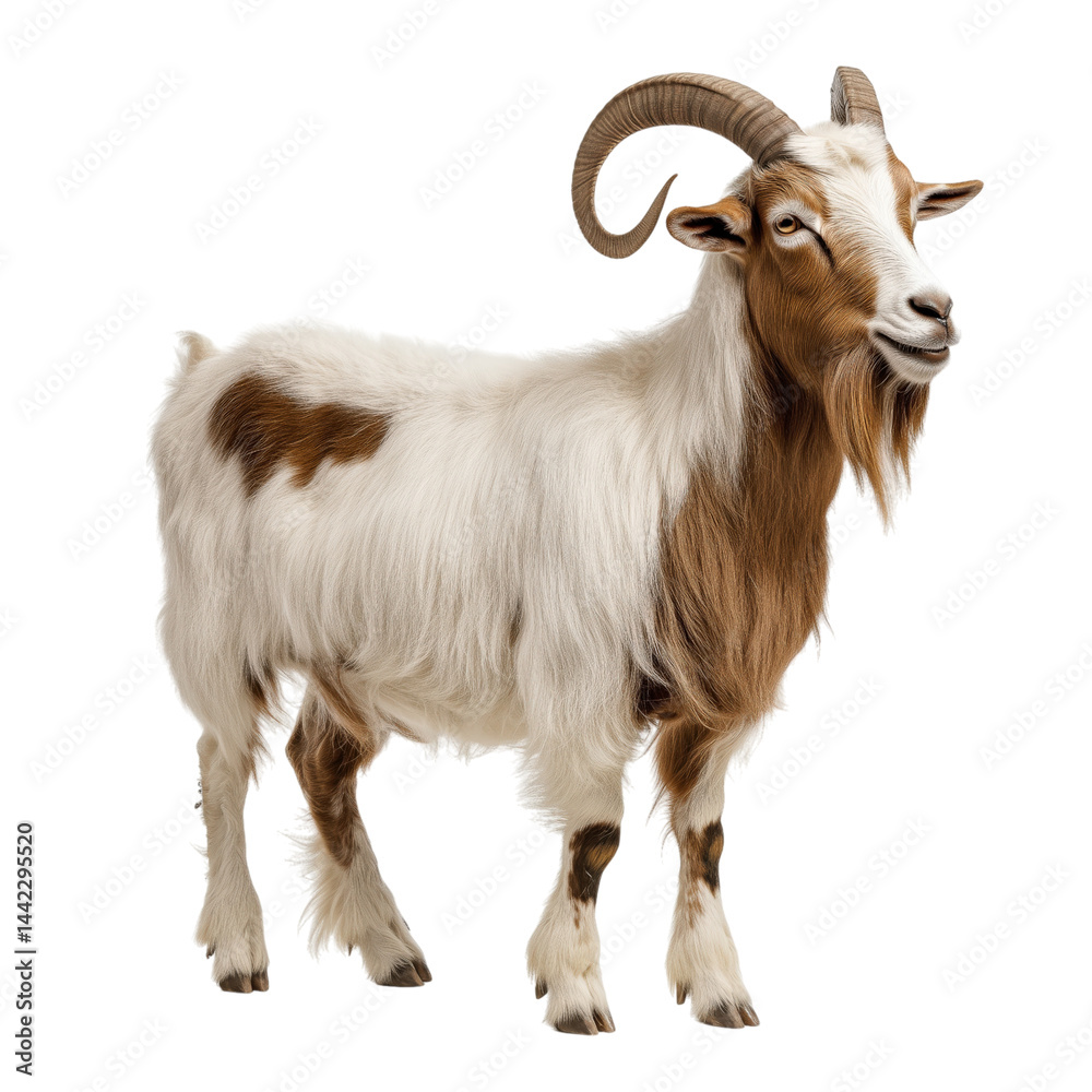 Side view of a white domestic goat with large curved horns and long fur, cut out, isolated on a transparent background, no shadow