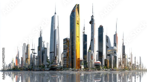 Fototapeta Naklejka Na Ścianę i Meble -  a futuristic city skyline with tall glass buildings on a white isolated background, modern and sleek design