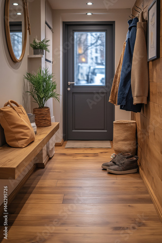 Entrée de maison accueillante avec parquet en bois, meubles naturels, plantes d’intérieur et accessoires cosy, ambiance chaleureuse et lumineuse en lumière naturelle