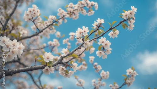 Early plum tree branches flourishing under a blue sky with textured background and space for copy