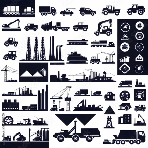 Industrial silhouettes of vehicles factories and construction sites against a dark backdrop
