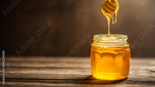 apiary scene,Golden Honey Dripping from Wooden Dipper into Glass Jar on Rustic Wooden Table in Soft Lit Background