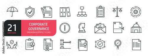 Set of line icons related to governance, procedure, law, problem solution, government building. Outline icons collection. Editable stroke. Vector illustration.
