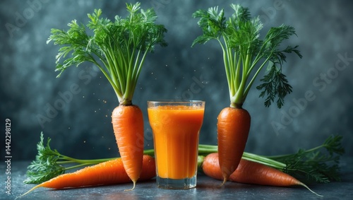 Glass of carrot juice alongside fresh carrots Healthy food