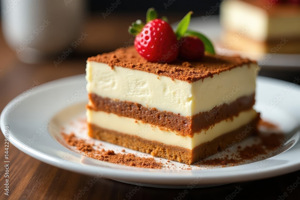 Close-up of a single serving of tiramisu, showing texture and layers , isolated, treat Close-up of a single serving of tiramisu, showing texture and layers , isolated, treat