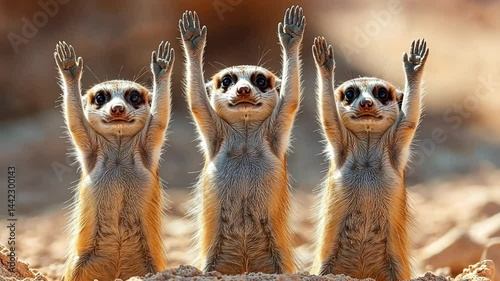 Three Meerkats Raising Their Paws in the African Savanna