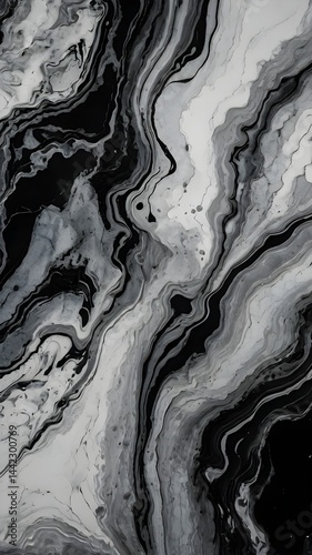 Abstract Black and White Marbling Texture with Flowing Lines